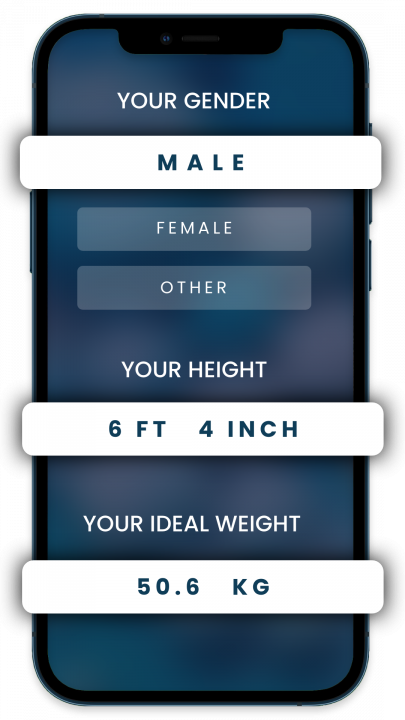 3 mobiele screenshots met de stappen voor de selectie van lengte, gewicht en geslacht