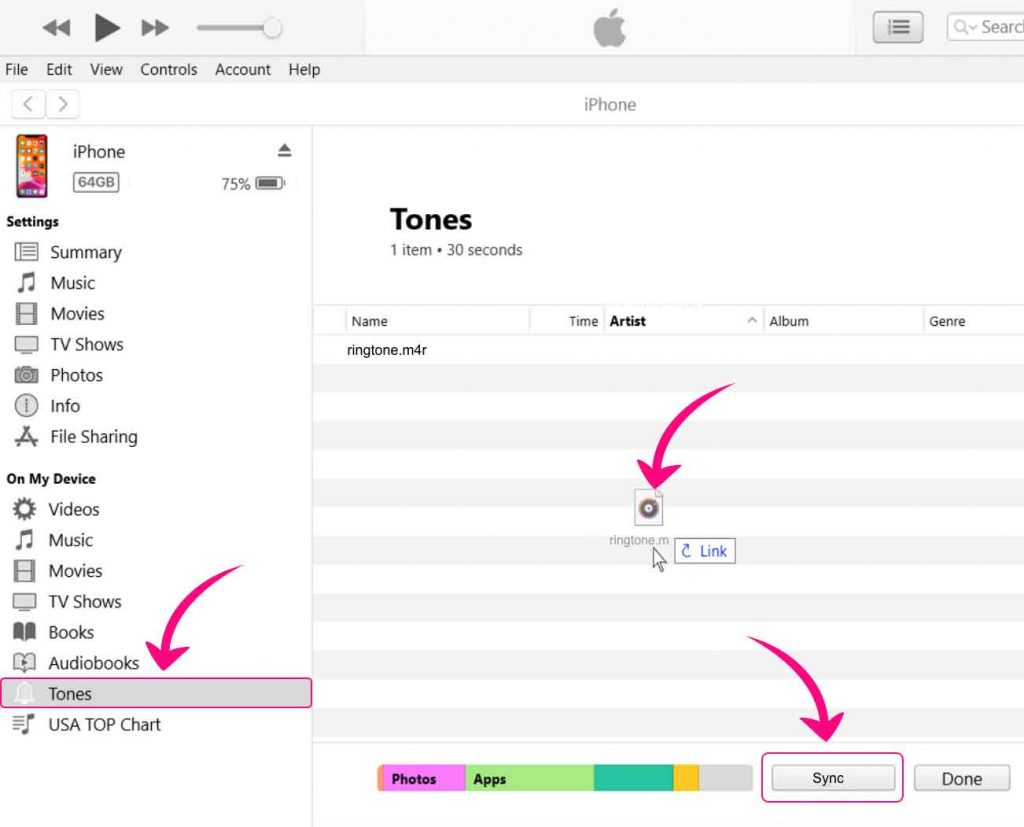 Ringtone synchronisatie opties van iTunes